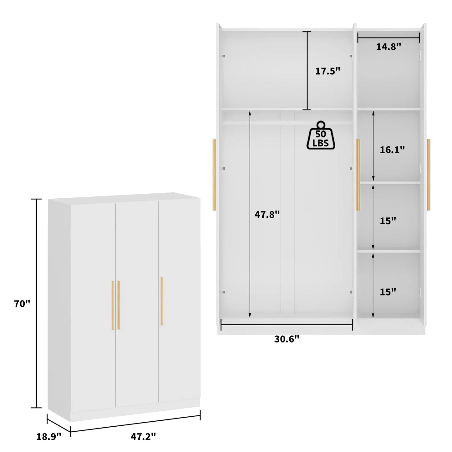 WIAWG Wardrobe Armoire, 3 Door Large Modern Closet Storage Cabinet for Bedroom w/Metal Handle, White