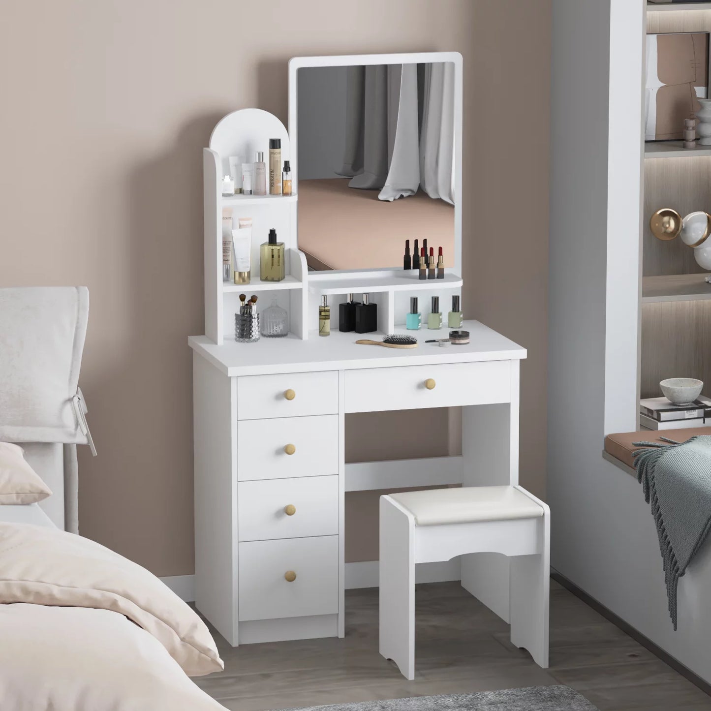 Vanity Table Set with Mirror Modern Dressing Table with Drawers Makeup Jewelry Organizer Desk White