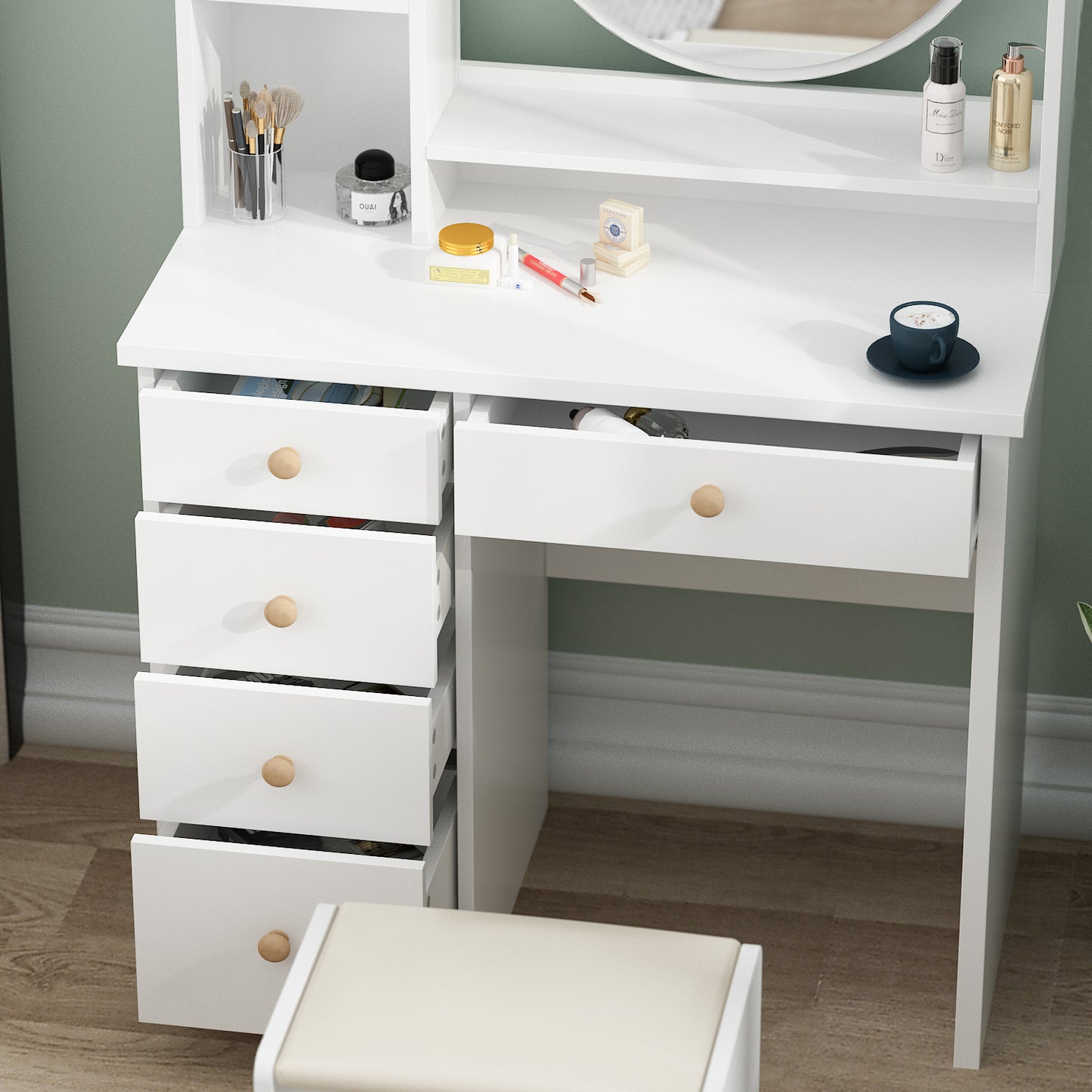 Vanity Set with Mirror Modern Storage Makeup Dressing Table with 5 Drawers White
