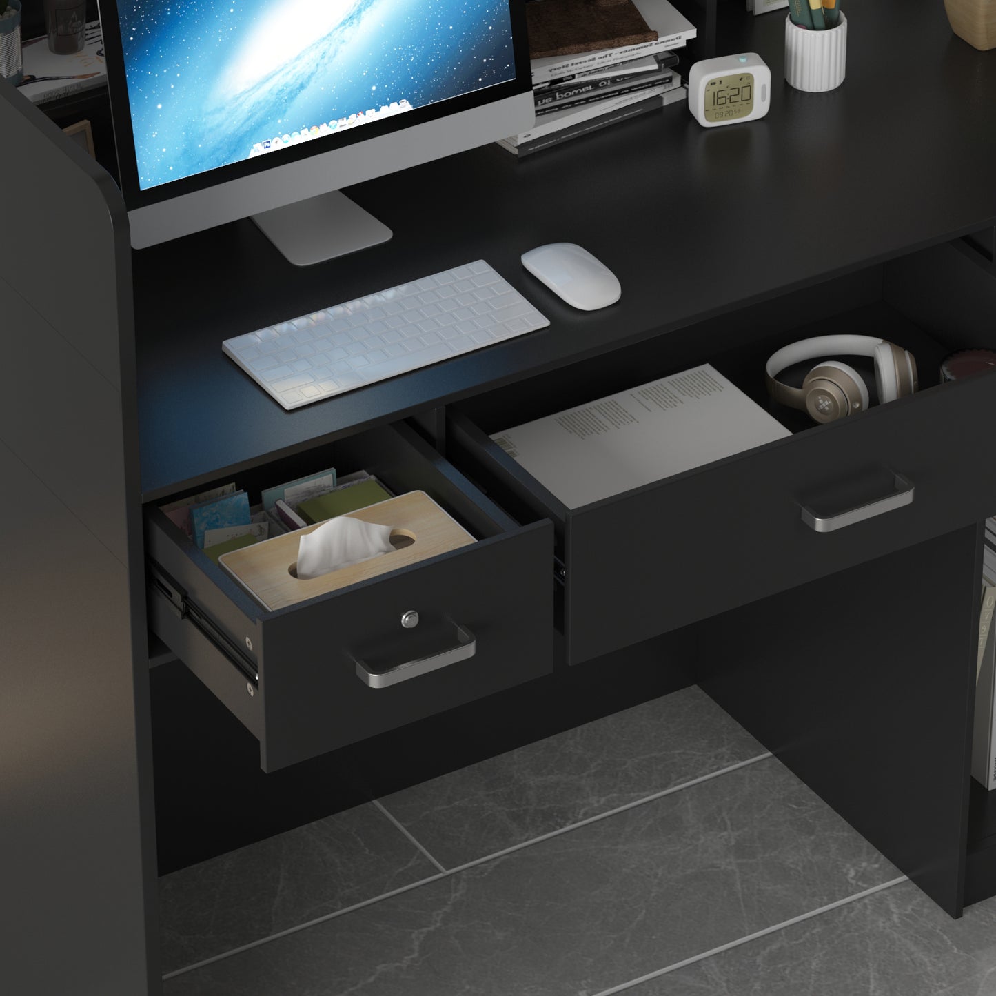 WIAWG Reception Station with Counter, Office Register Stand Reception Area with Drawers, Black