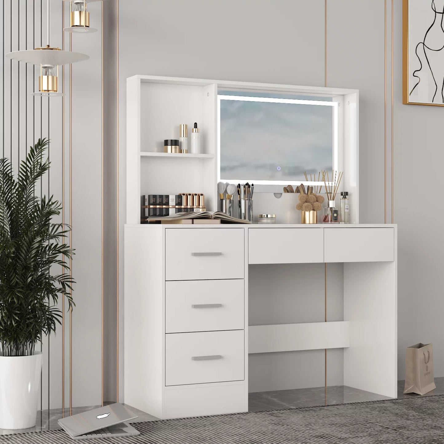WIAWG Makeup Vanity Table with Lighted Mirror,Bedroom Dressing Table with Storage Shelf and 6 Drawers, White