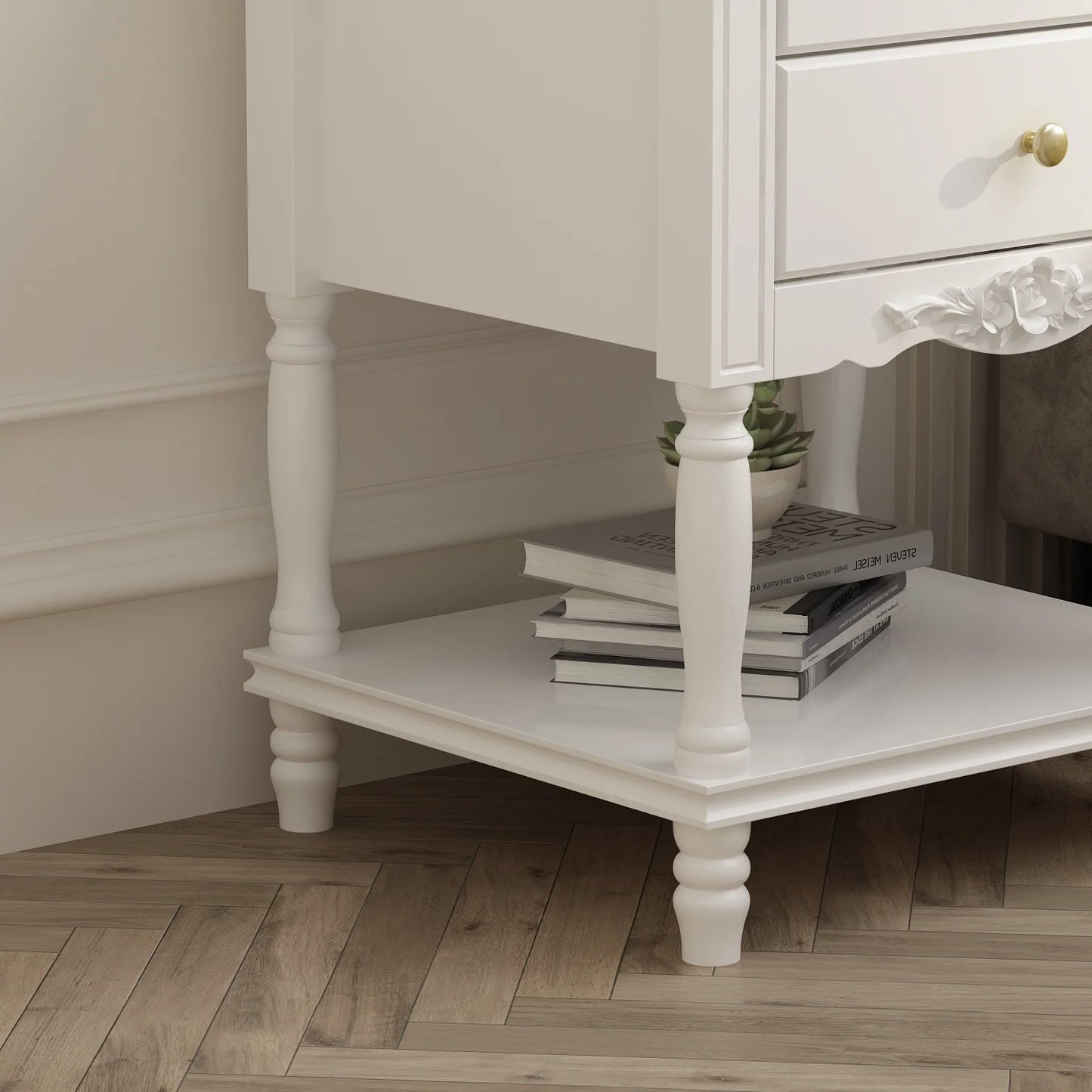 WIAWG Mid Century Nightstand Side Table with 2 Drawers and open shelf for Bedroom Living Room White