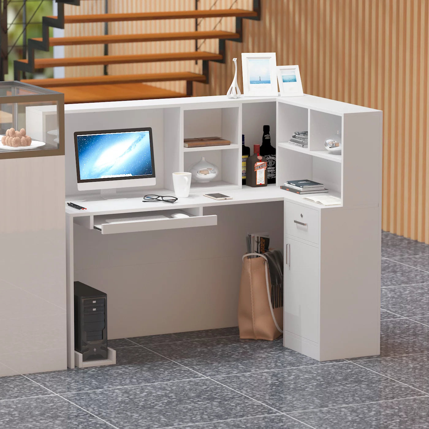 WIAWG 55.9" Reception Desk for Office/Salon Wooden L Shaped Reception Station with Drawer White