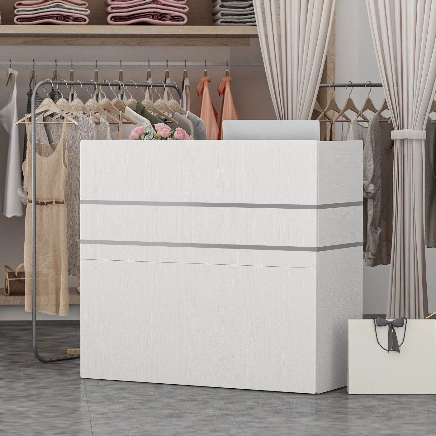 Reception Station with Counter, Office Register Stand Reception Area with Drawers, White