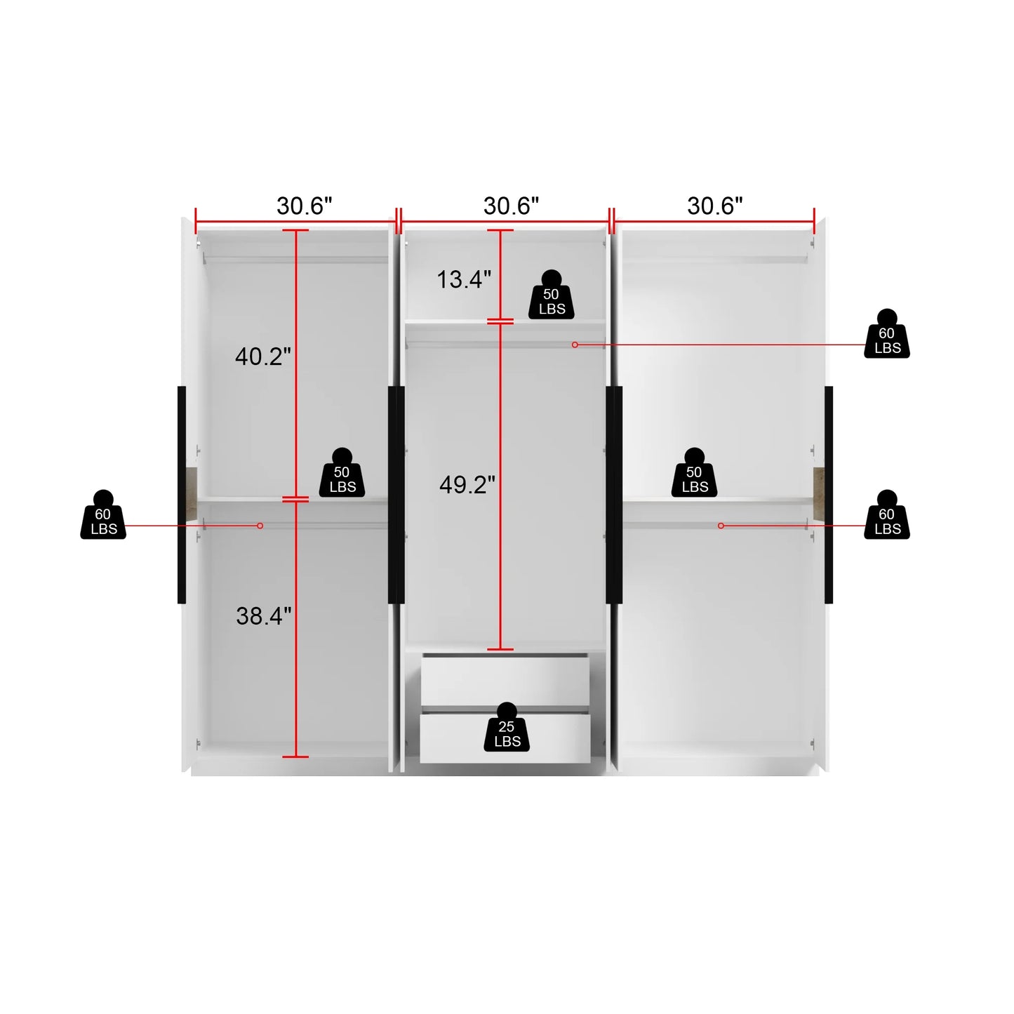 WIAWG Large Wardrobe Cabinet, 6-Door Armoire with 5 Hanging Rod and 2 Drawers for Bedroom Closet, White, 23.6"D x94.4"W x 82.7"H