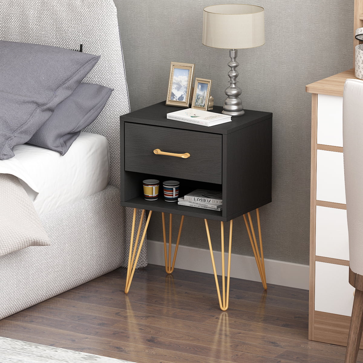 WIAWG Metal Frame Nightstand with Drawer, Modern End Table for Bedroom, Black