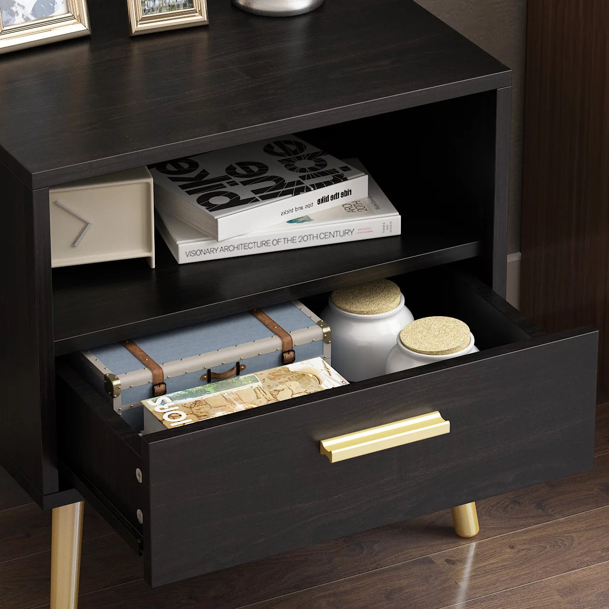 WIAWG Wooden End Table with Drawer and Shelves Storage Nightstand for Bedroom Black
