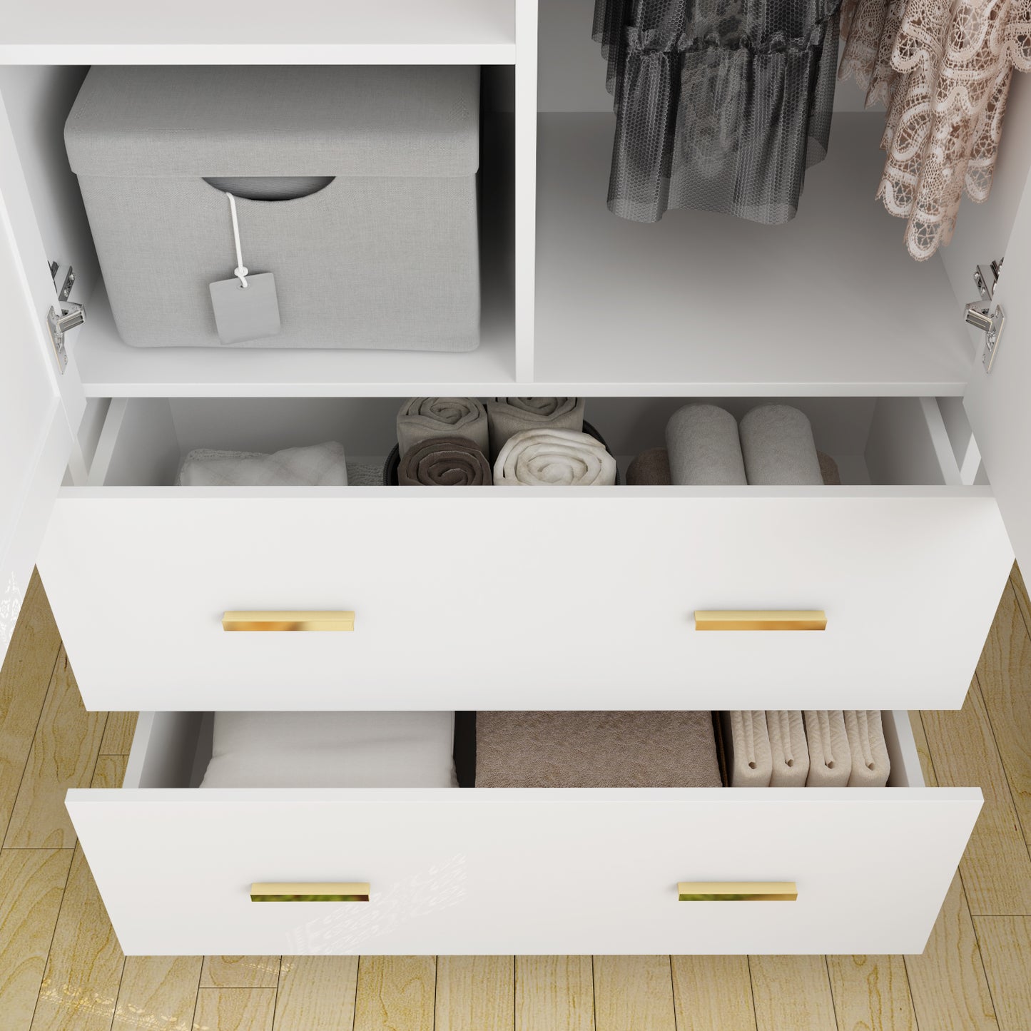 WIAWG 2-Door Armoire Wardrobe with 2 Drawers, Clothing Rod and Mirror in White