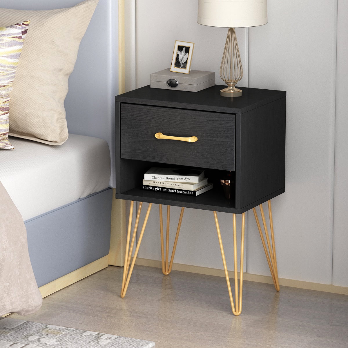 Nightstand 2 Drawers Side Desk with Metal Legs, Night Table Home Furniture for Living Room, Black