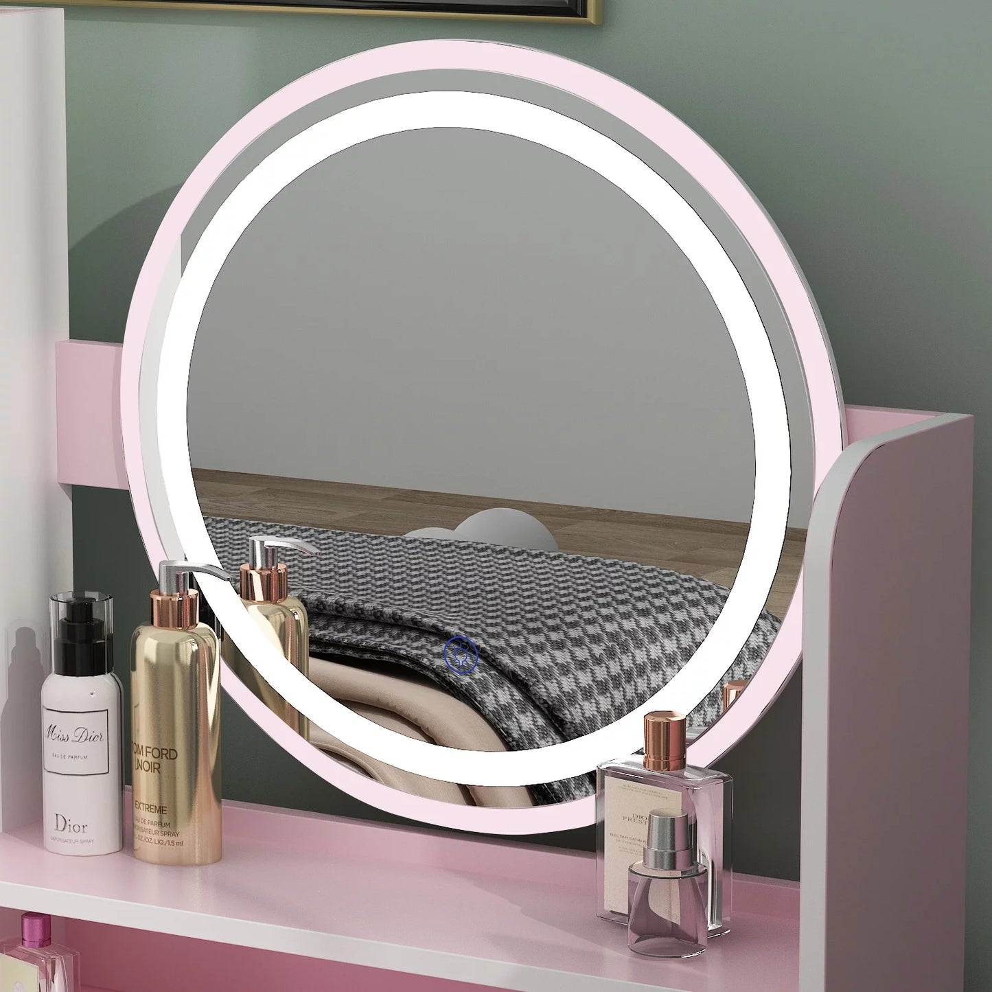 Vanity Set with Mirror and Lights Modern Storage Makeup Dressing Table with 5 Drawers Pink