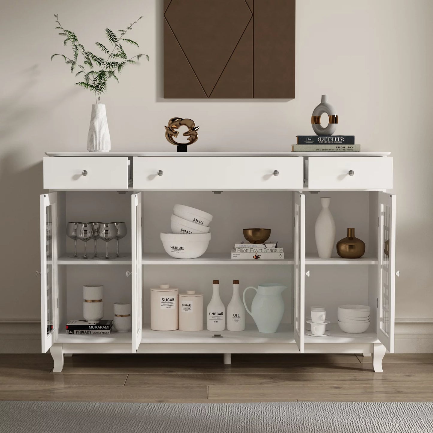 WIAWG Sideboard Buffet with Glass Door and Adjustable Shelf, 4-Door Accent Storage Cabinet with 3 Drawers for Entryway Living Room White 55.1"