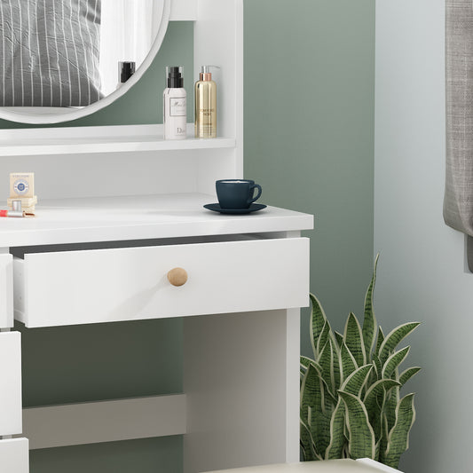 Vanity Set with Mirror Modern Storage Makeup Dressing Table with 5 Drawers White