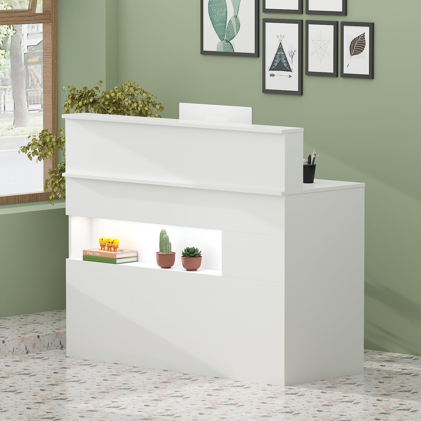 WIAWG Reception Desk Modern Front Desk Counter with Drawers and Lights White 47.2”