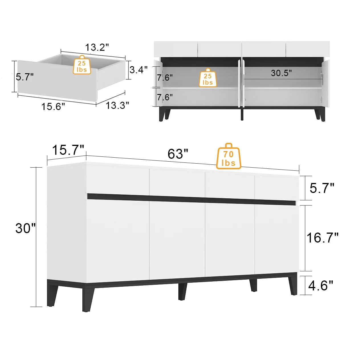 WIAWG Buffet Sideboard Cabinet with 4 Drawers, 63" White Coffee Bar Cabinet with Adjustable Shelf, TV Stand Credenza Table for Living Room