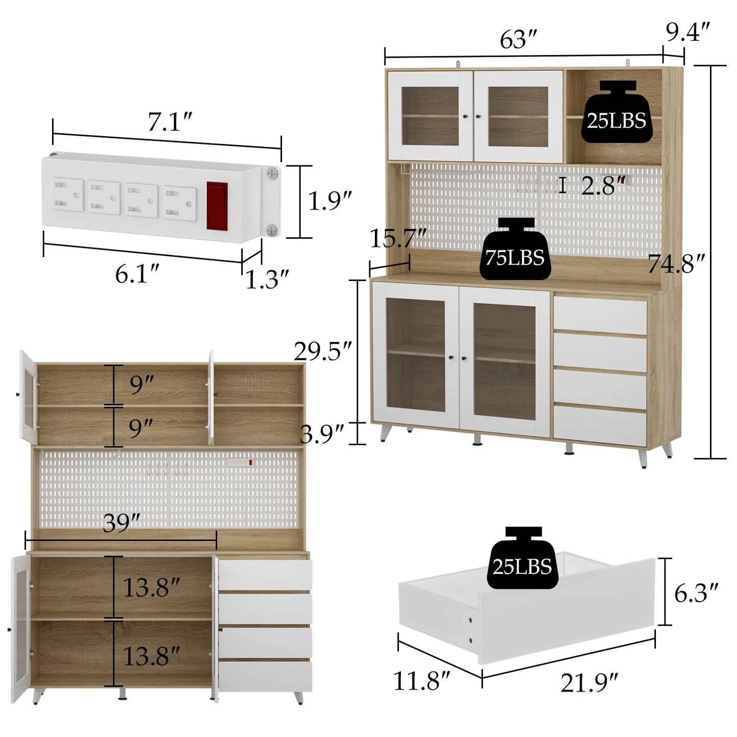 WIAWG 74.8" Kitchen Pantry Storage Cabinet, Buffet Hutch Cabinet with Power Socket, Oak&White