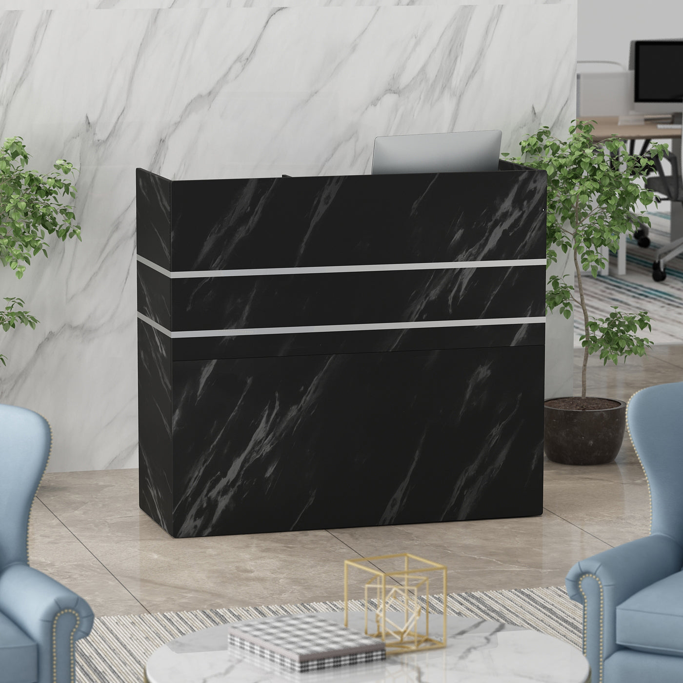 WIAWG Office Reception Desk with Counter, Modern Reception Station with Drawer, Black