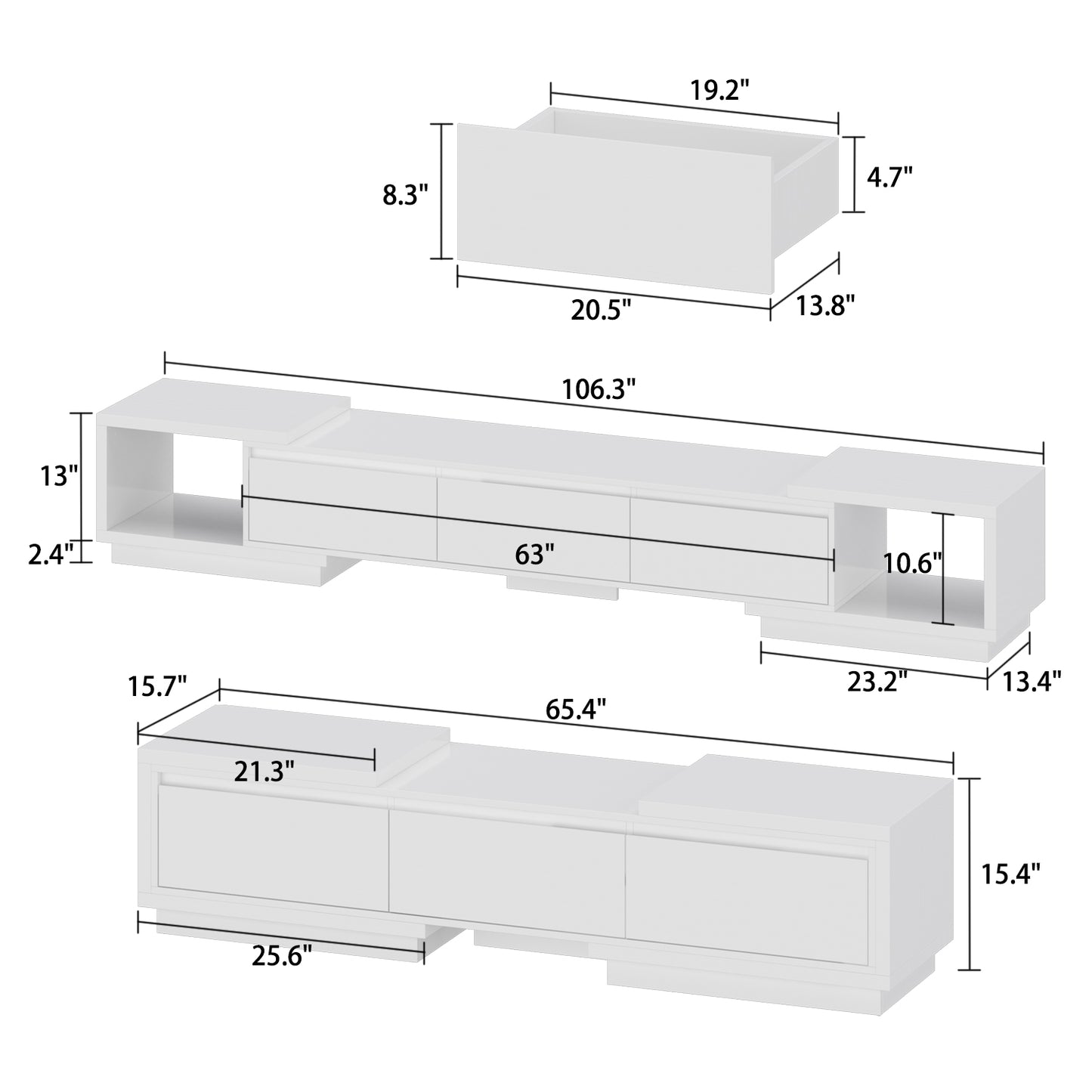 WIAWG Extendable TV Stand Media Storage with Drawers for Living Room, White