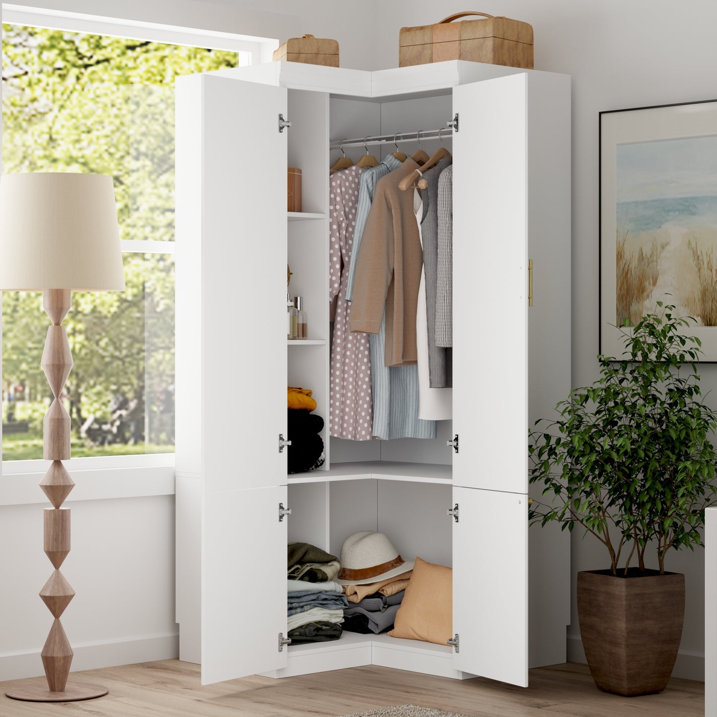 WIAWG Corner Wardrobe, Cabinet with 4-Tier Corner Display Case with Shelves, Cabinet with Metal Handles, White