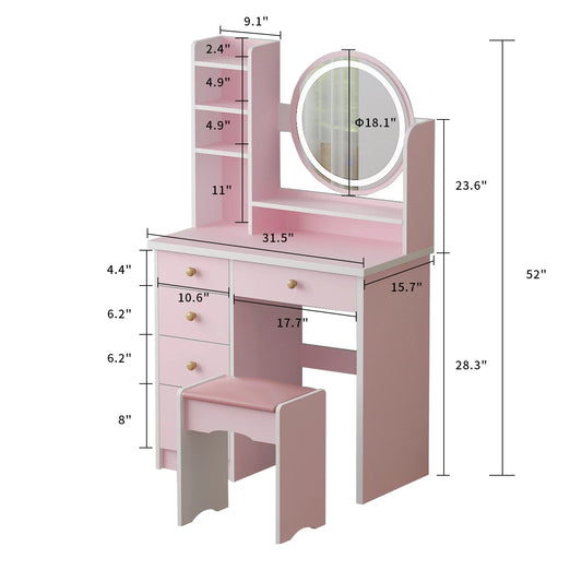 WIAWG Modern Vanity Set With Mirror Make up Table with Built-in 3 Color LED Light Pink