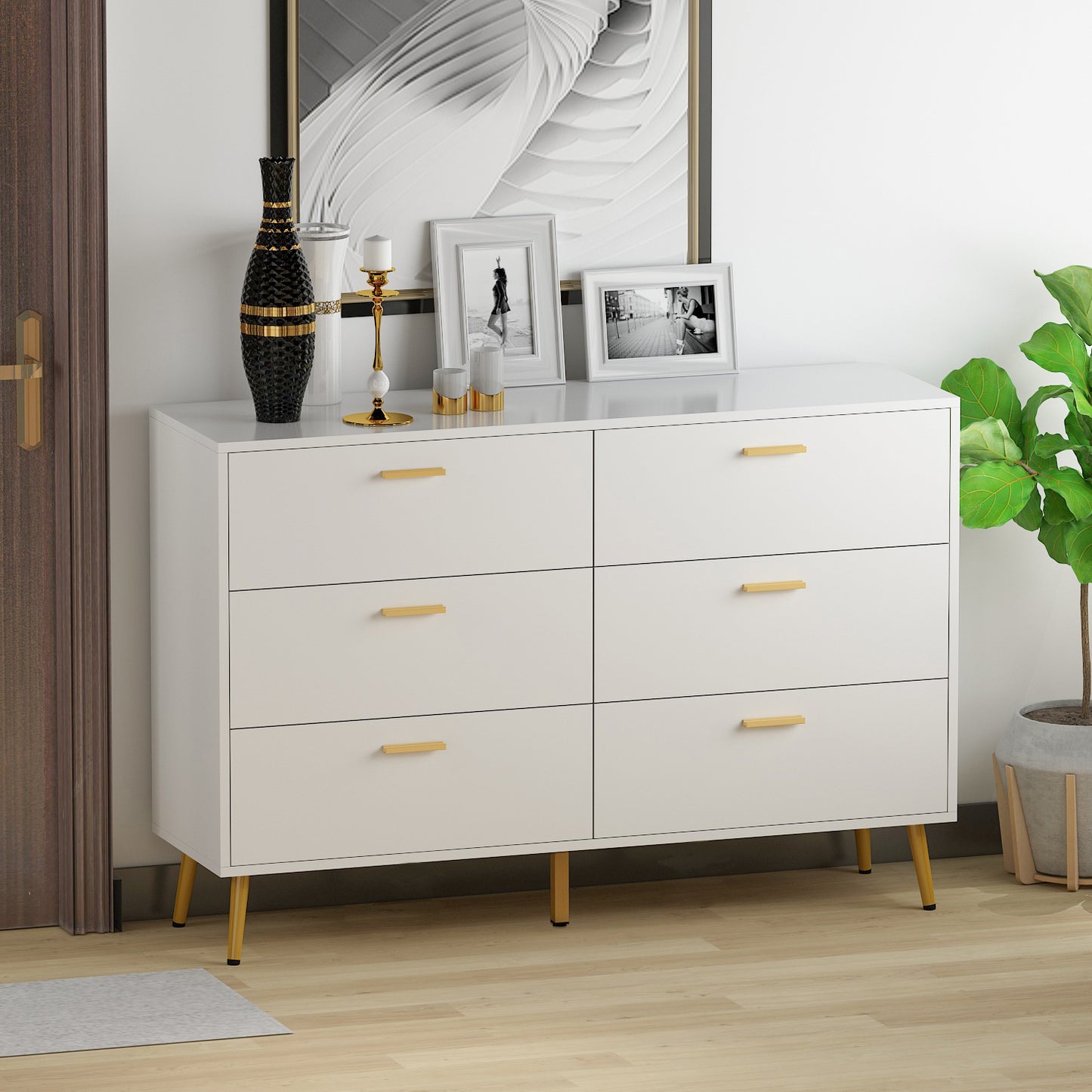 WIAWG Modern 6 Drawer Wooden Dresser Chest for Living Room/Bedroom Sideboard Cabinet White