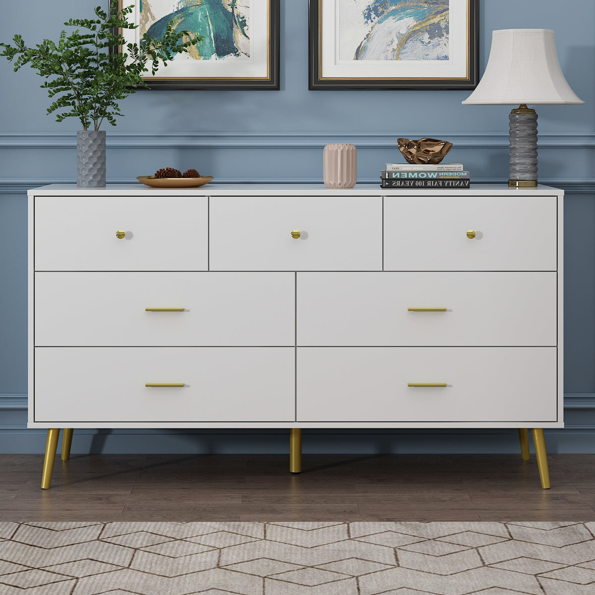 WIAWG 7 Drawer Dresser for Bedroom Living Room Sideboard Cabinet with Drawers White 55.9"