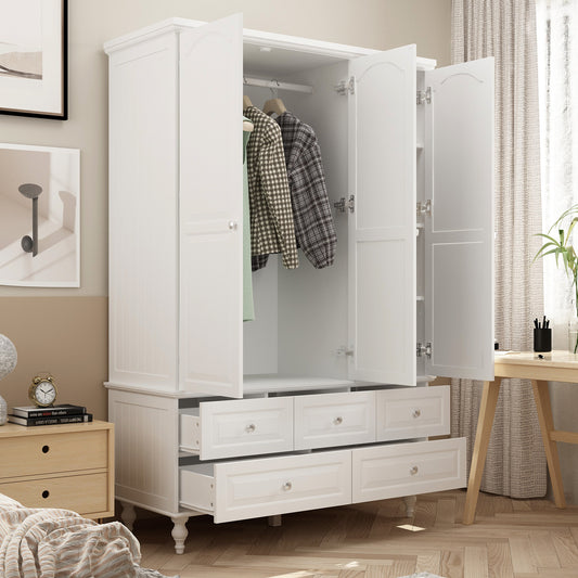 WIAWG 3-Door Wardrobe Armoire Closet with 5 Drawers and Hanging Rod plus Mirror, White