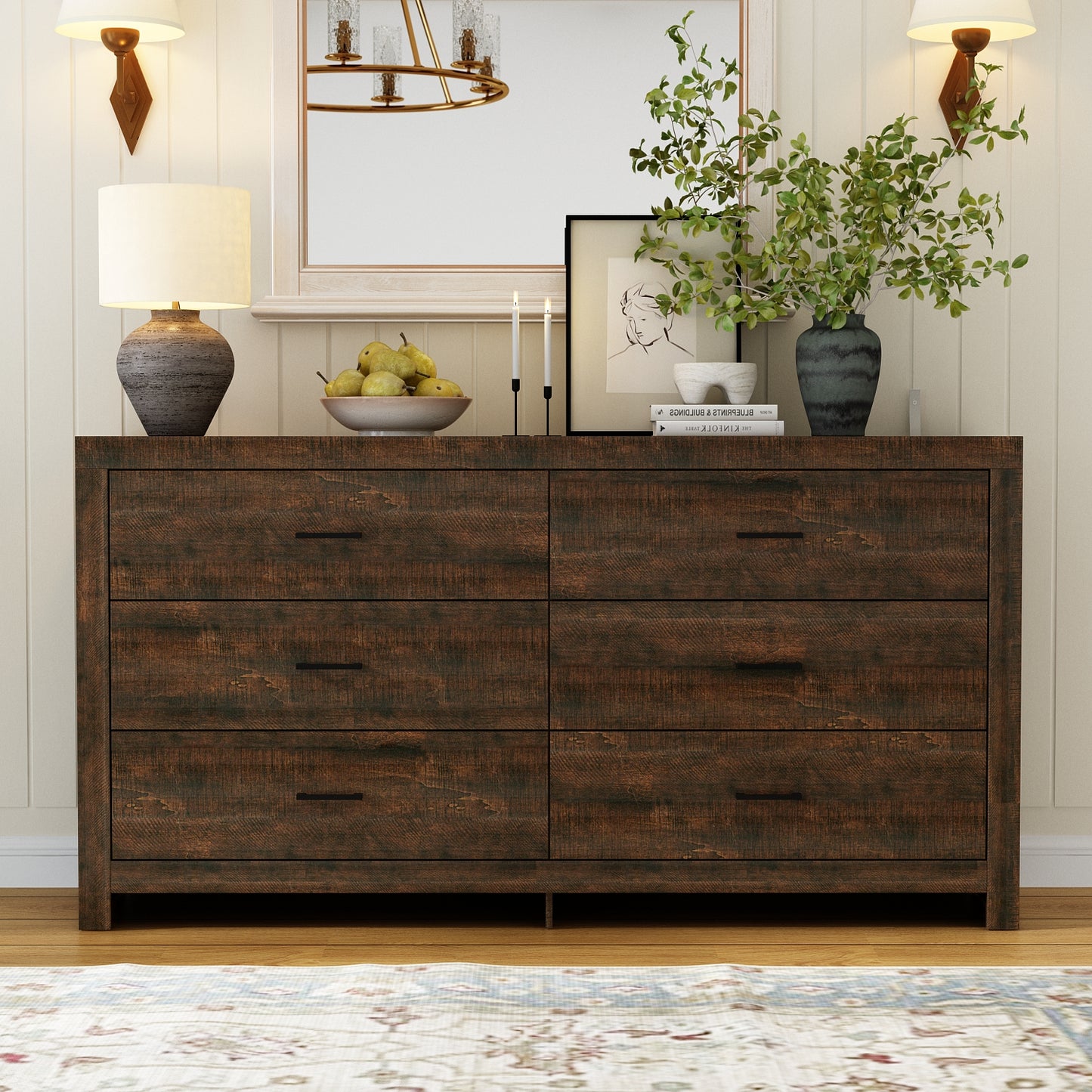 WIAWG 63" Dresser for Bedroom,6 Drawer Dresser, Chest of Drawers, Rustic Drawer Cabinet for Living Room Hallway Office,Brown