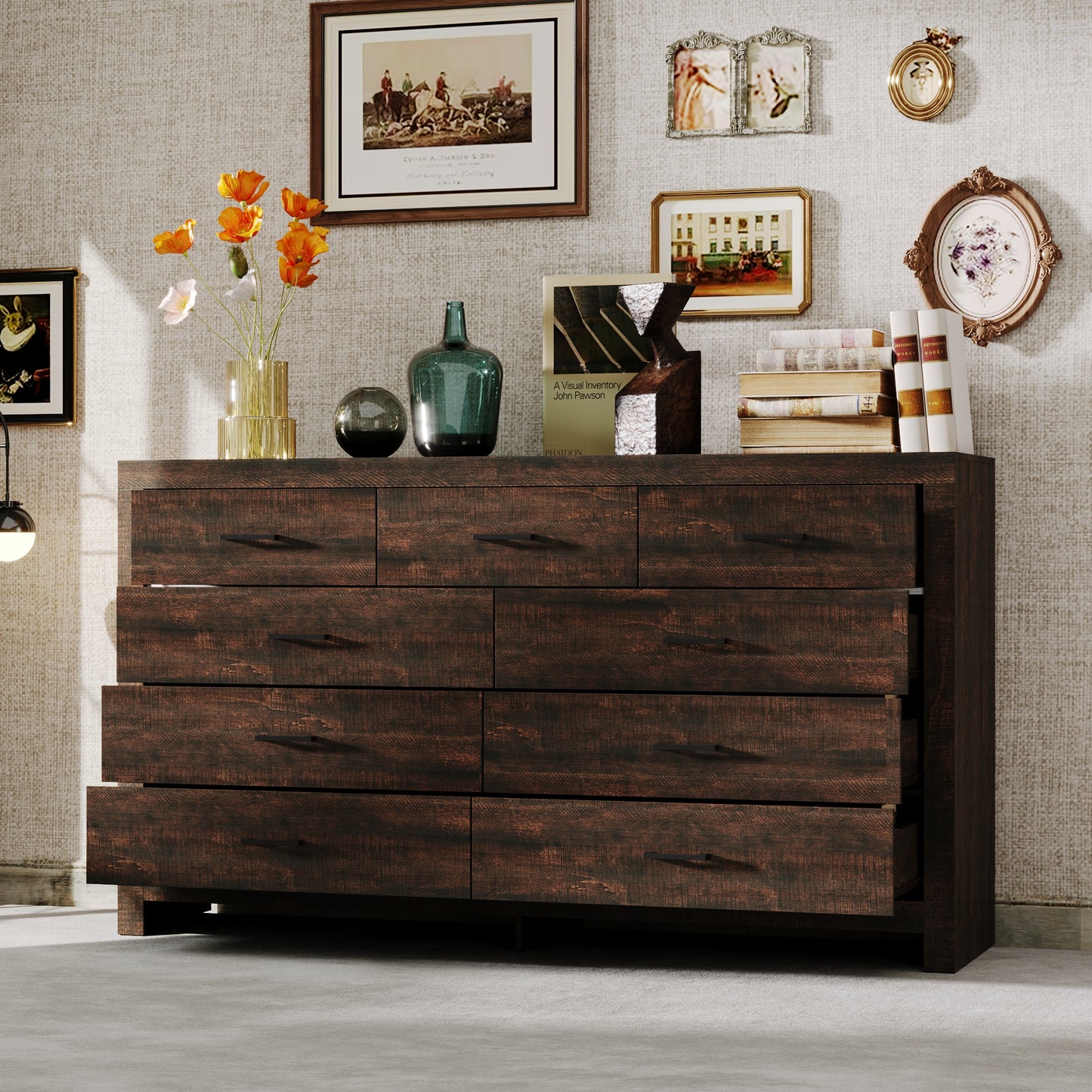 WIAWG 9 Drawer Dresser for Bedroom, 63” Wide Chest of Drawers, Rustic Drawer Cabinet for Living Room Hallway Office,Brown