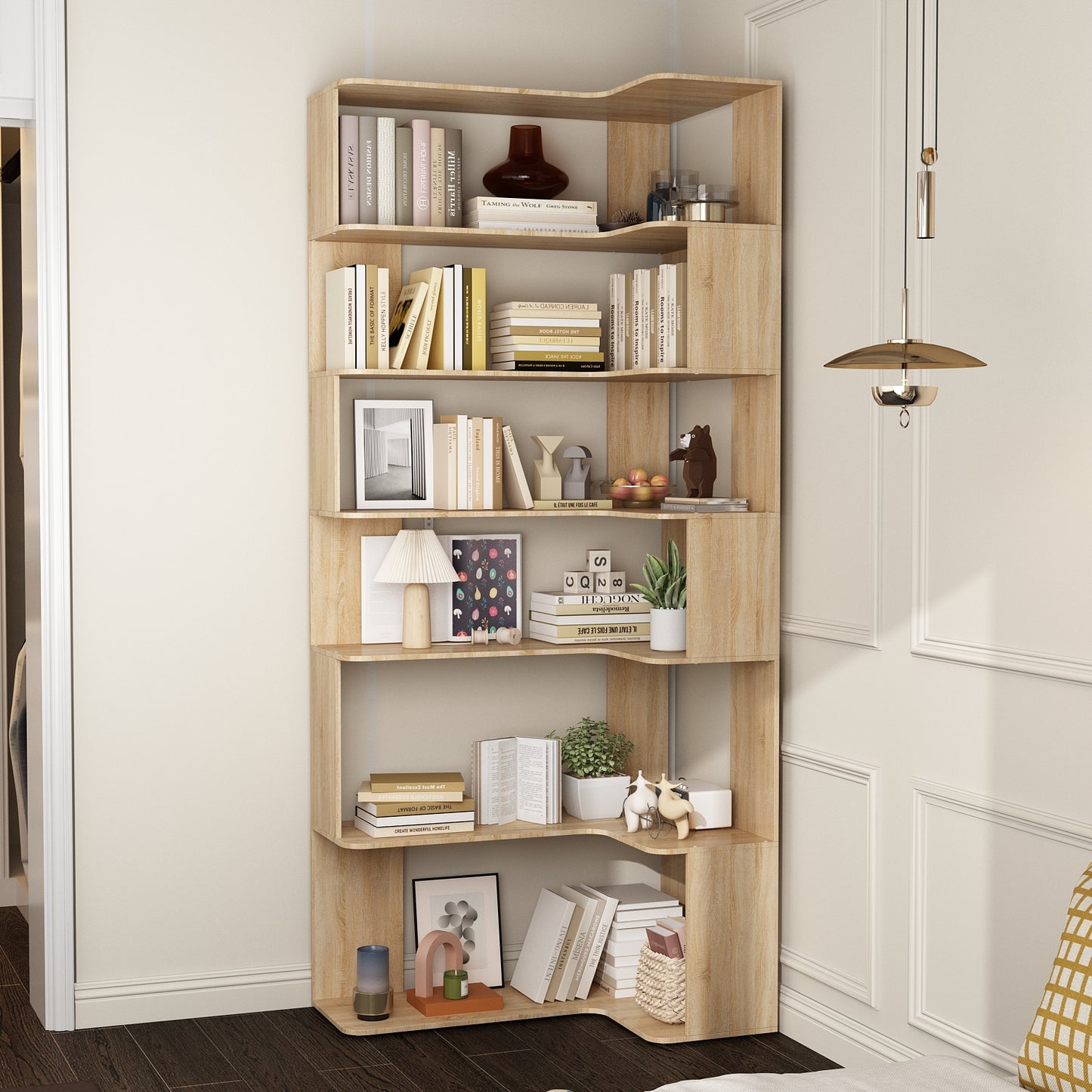 WIAWG 7-Tier Corner Bookcase Bookshelf, Modern Mid Century, Extra Tall, Natural Oak