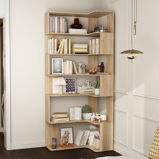 WIAWG 7-Tier Corner Bookcase Bookshelf, Modern Mid Century, Extra Tall, Natural Oak