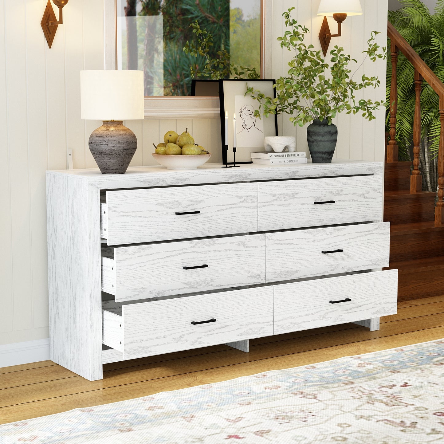 WIAWG 63" Dresser for Bedroom,6 Drawer Dresser, Chest of Drawers, Rustic Drawer Cabinet for Living Room Hallway Office, White Wood Grain