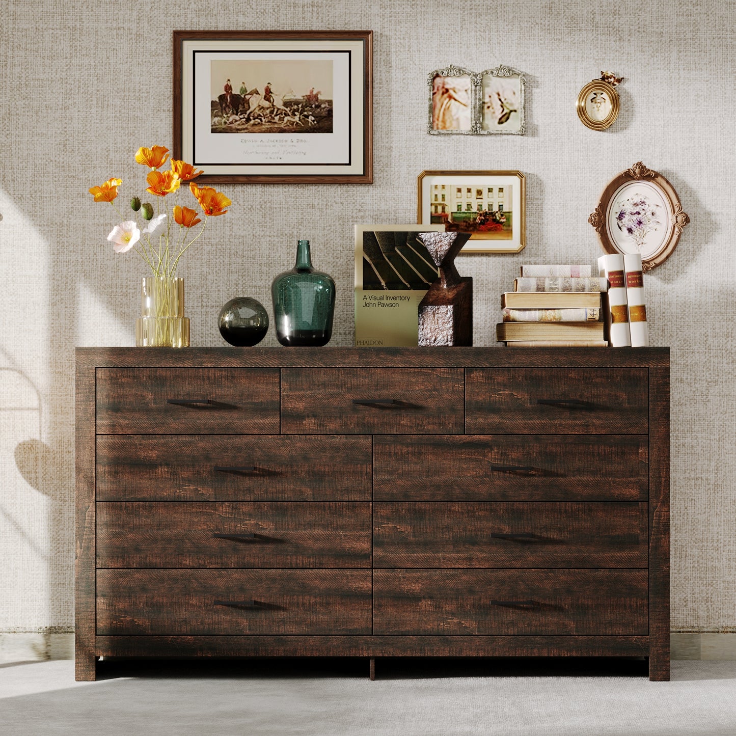 WIAWG 9 Drawer Dresser for Bedroom, 63” Wide Chest of Drawers, Rustic Drawer Cabinet for Living Room Hallway Office,Brown