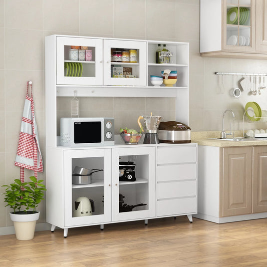 WIAWG Modern Kitchen Pantry Storage Cabinet with Hutch and Drawers,White Sideboard Buffet Cupboard with Glass Door,63"