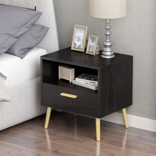 WIAWG Wooden End Table with Drawer and Shelves Storage Nightstand for Bedroom Black