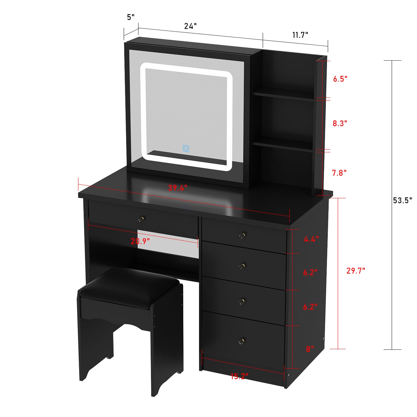 WIAWG Vanity Set with Sliding Led Mirror, Modern Makeup Dressing Table with 5 Drawers Black