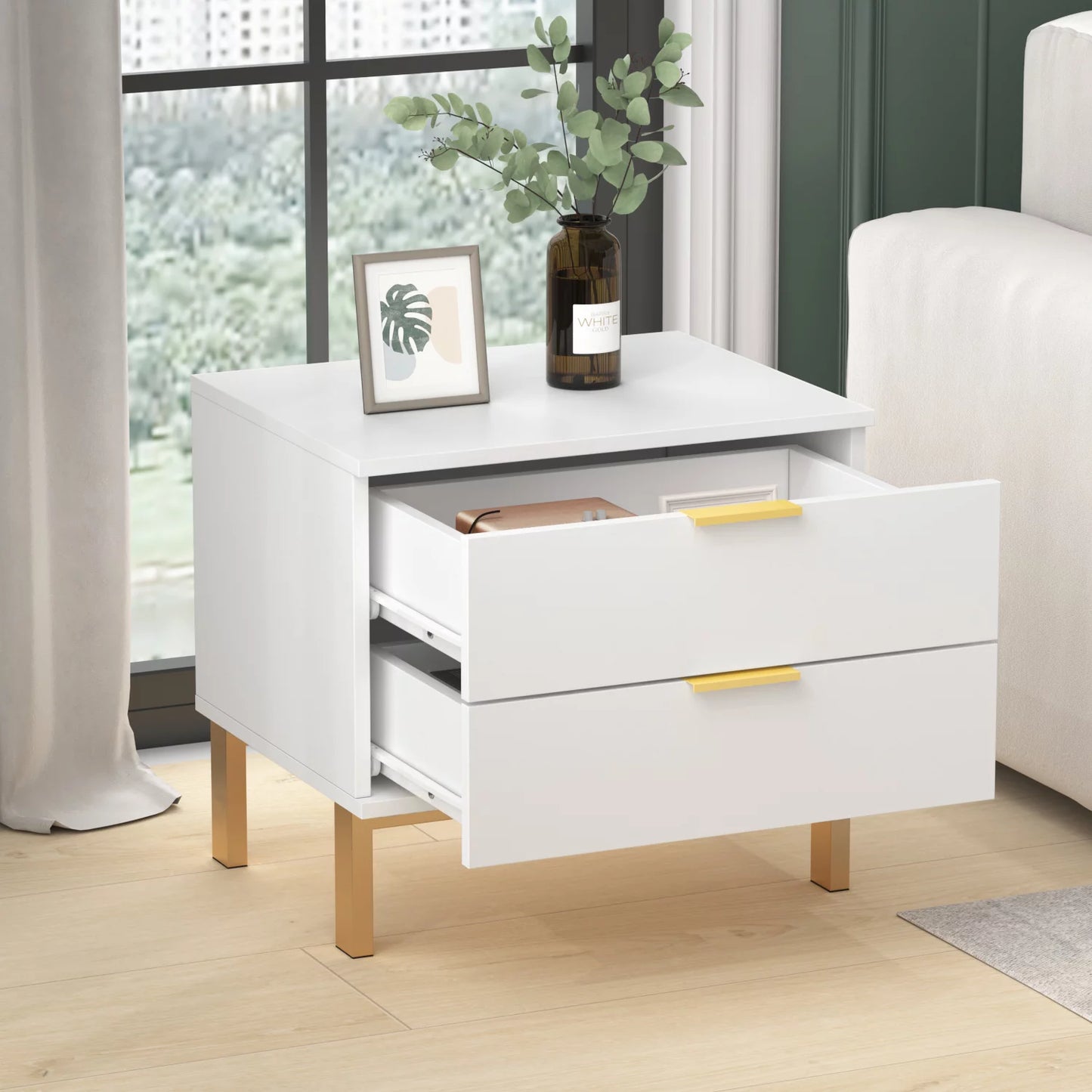 WIAWG Modern Nightstand Set of 2 for Bedroom/Living Room 2 Drawer End Table with Metal Handles White