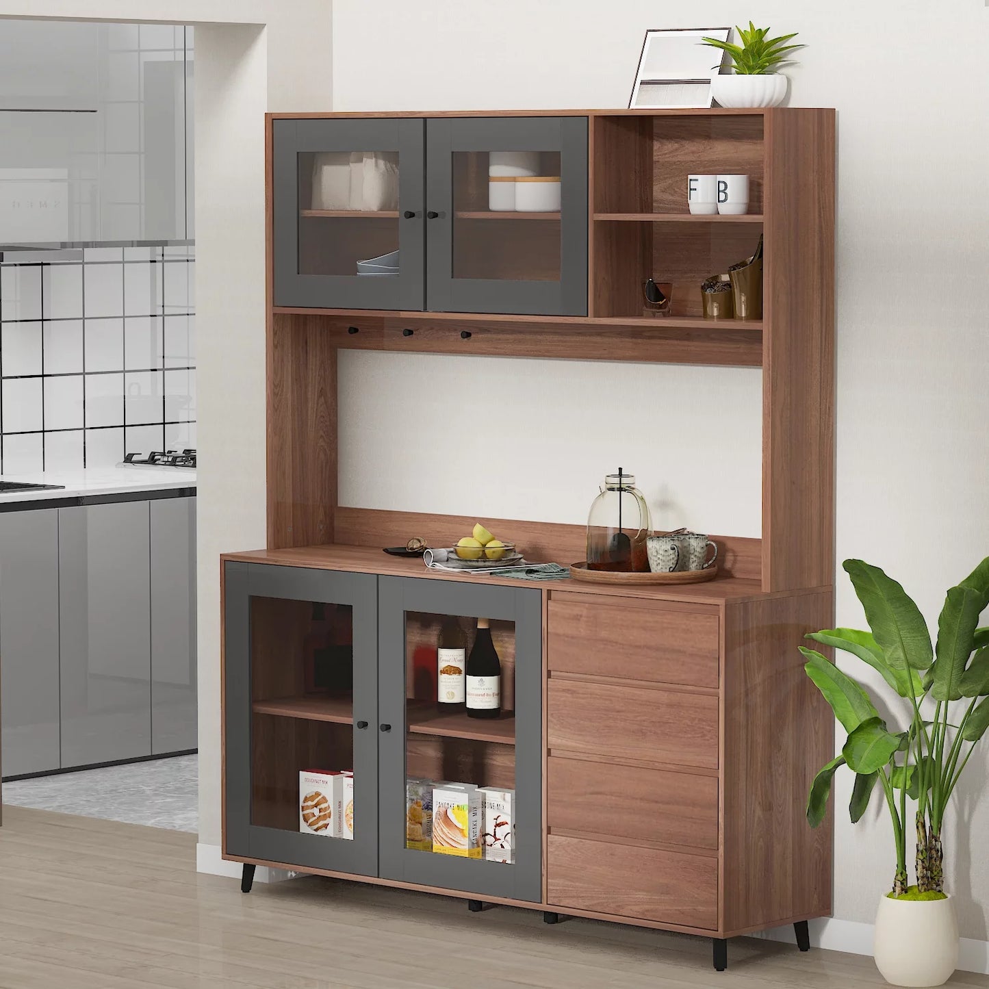 WIAWG 63" Modern Kitchen Pantry Storage Cabinet Large Wooden Sideboard Buffet hutch Cupboard Walnut/Black