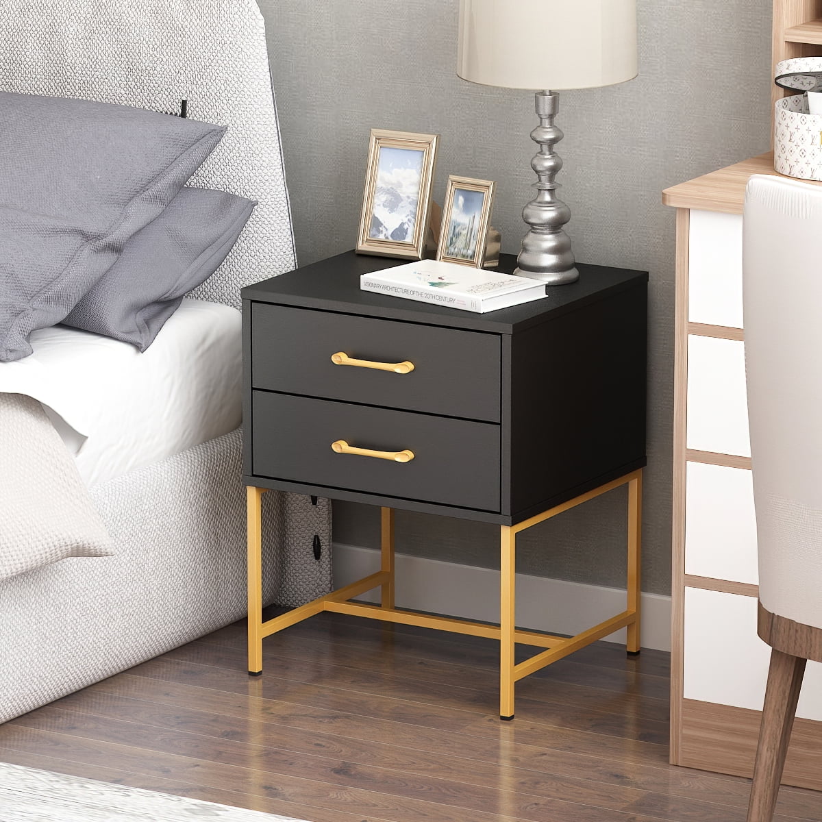 WIAWG End Table with Metal Frame Nightstand End Table Side Table for Bedroom Black