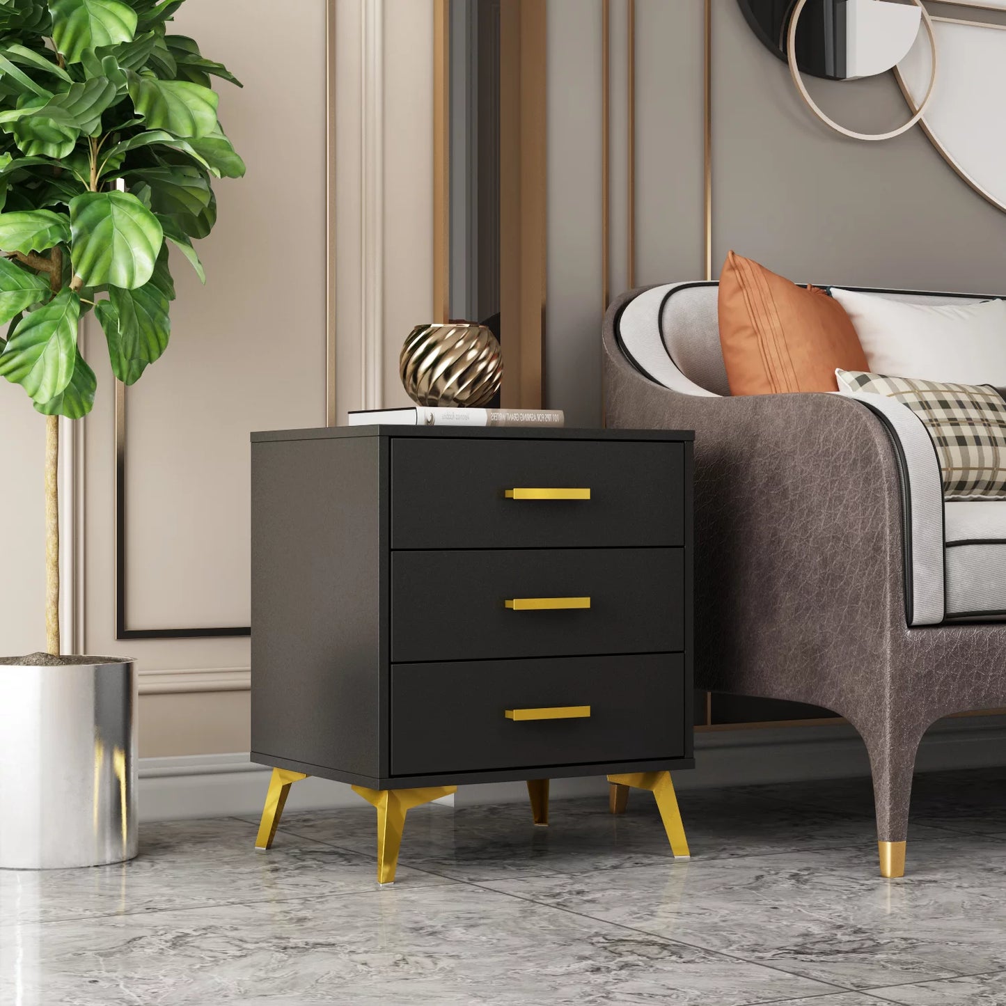 WIAWG Nightstand with 3 Drawers, End Side Table for Bedroom Living Room, Black