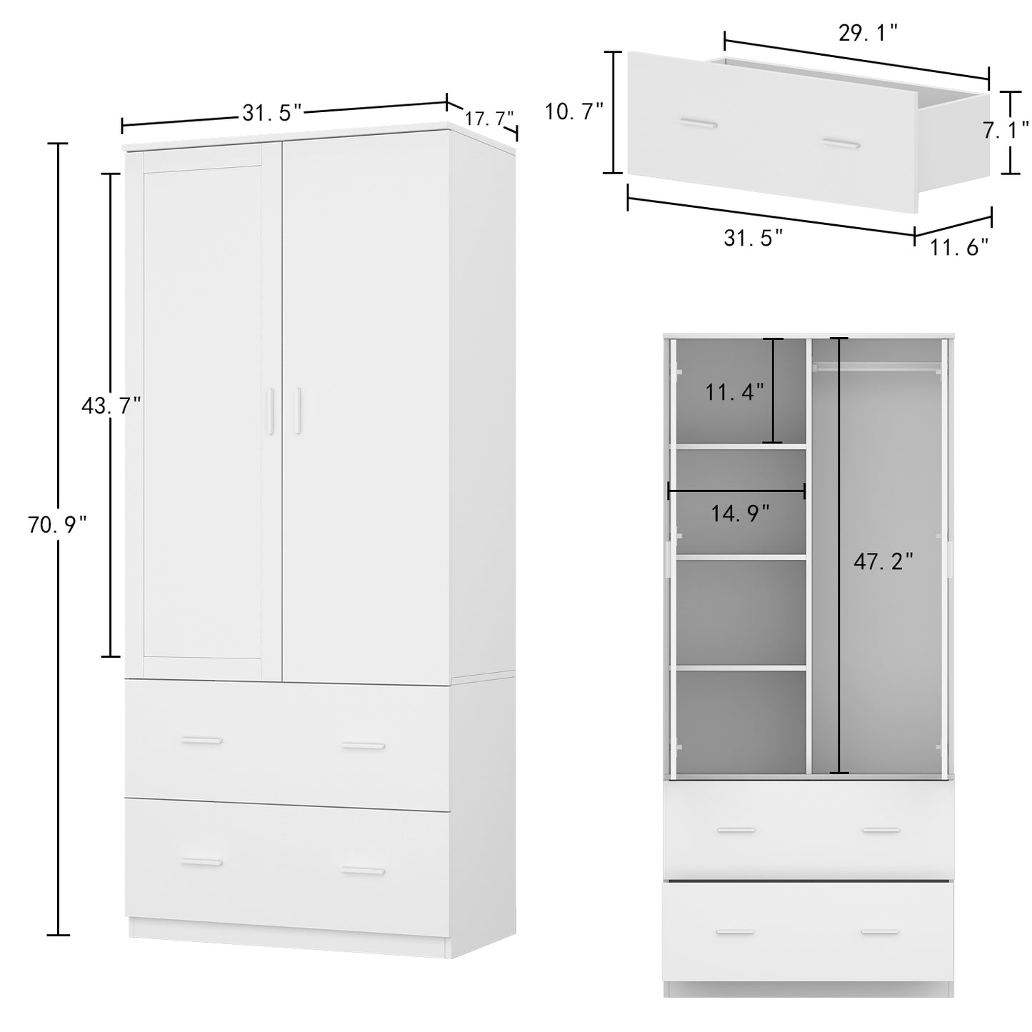 WIAWG Armoire Wardrobe Closet with Mirror Doors and Hanging Rod for Bedroom White