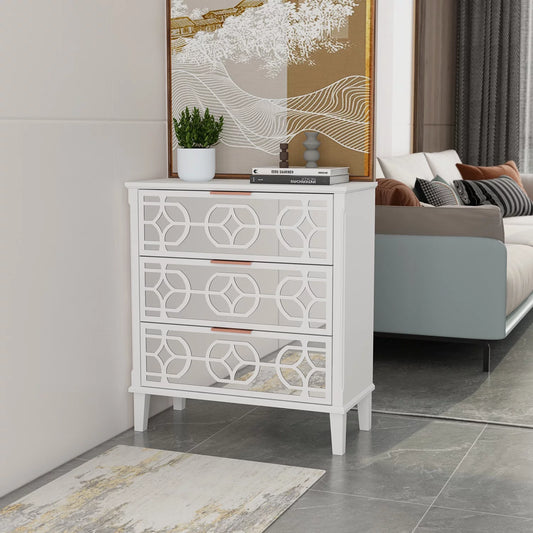 Decorative Mirrored End Table with 3 Drawer, White Accent Storage Cabinet for Living Room