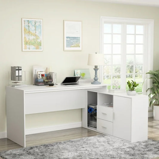 WIAWG L-Shaped Office Desk, 55-inch Writing Desk with Drawer and File Cabinet White