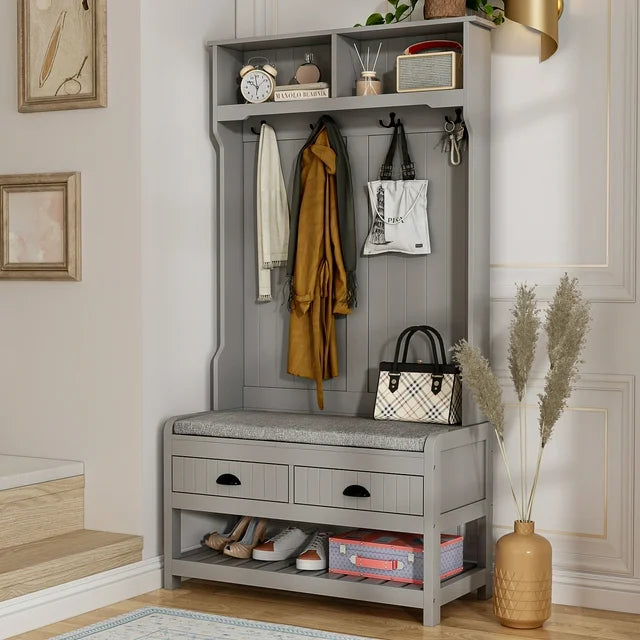 WIAWG Hall Tree with Storage Bench, Coat Rack with 4 Hooks and Drawers for Entrance, Gray