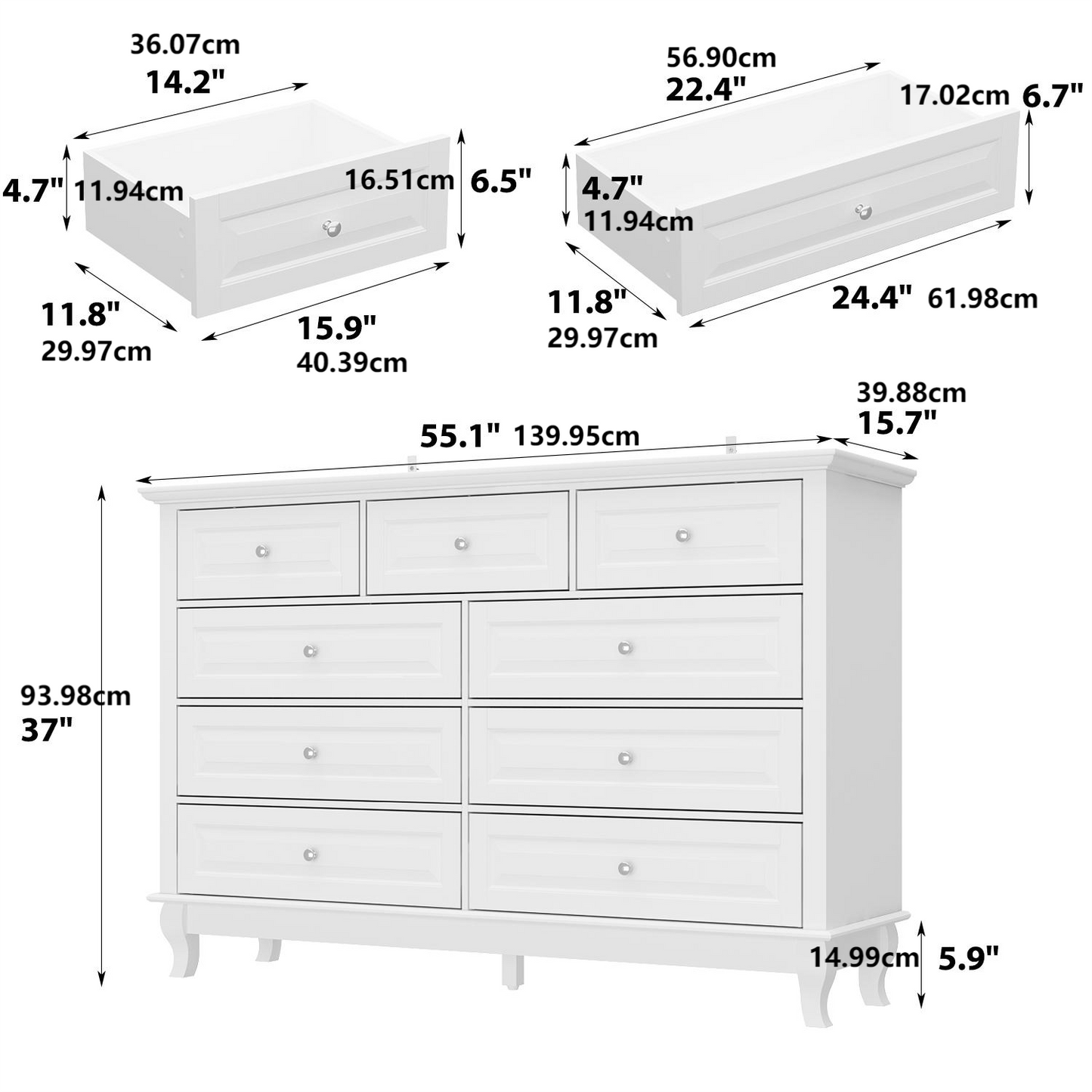 WIawg 9 Drawer Dresser with Carved Drawer Fronts & Solid Legs, 55.1" L White Modern Wood Storage Chest of Drawers for Bedroom, Living Room & Fitting Room