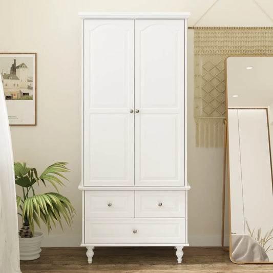 WIAWG 2-Door Wardrobe Armoire Closet with 3 Drawers and Hanging Rod, White