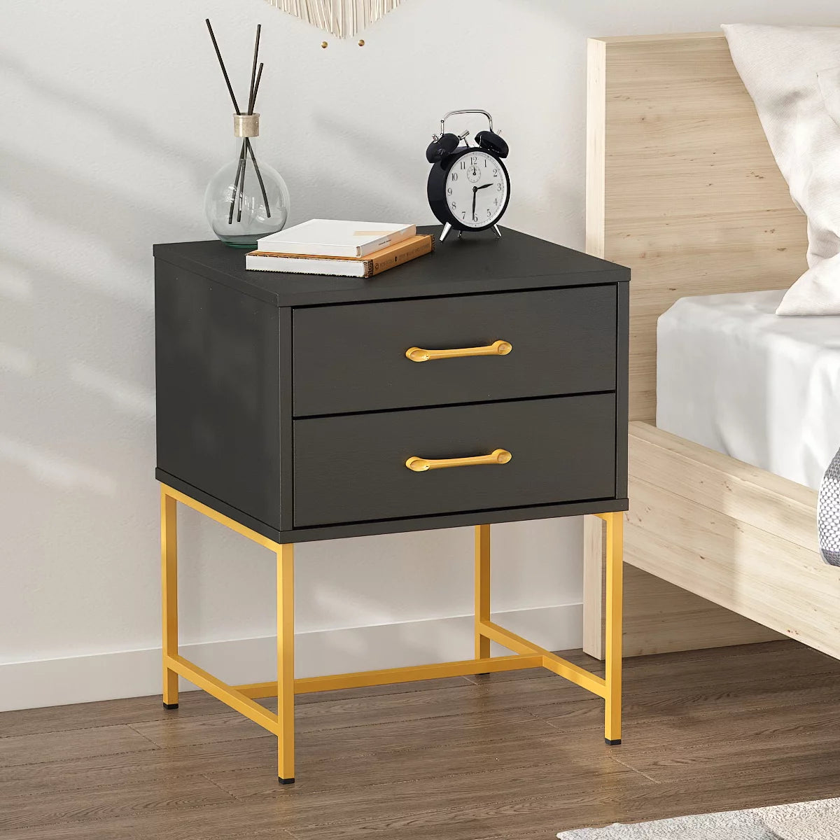 WIAWG End Table with Metal Frame Nightstand End Table Side Table for Bedroom Black