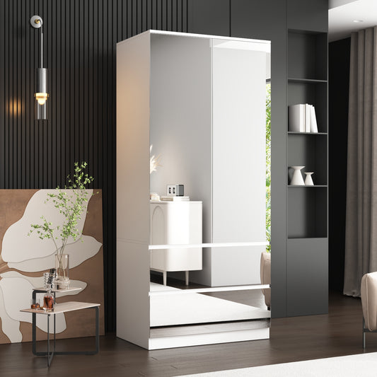 Wardrobe with Mirror Doors, White Bedroom Armoire with 2 Drawers, Hanging Rod, Mirrored Closet Modern Clothes Storage Cabinet for Guest Room Cloakroom, 31.5”W x 19.7”D x 70.9”H