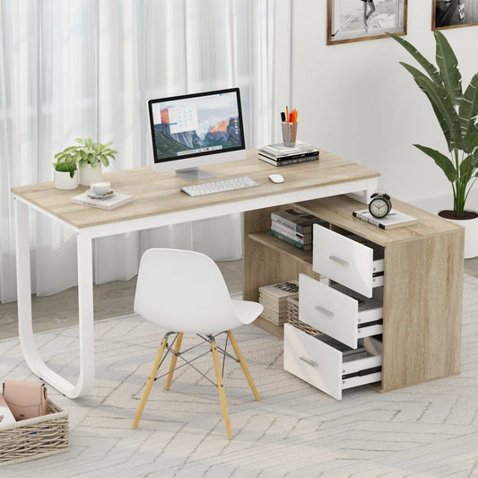 Modern Computer Desk with 3 Drawers Office Writing Desk with Hutch Beige