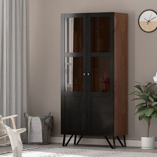 Homsee 3 Tier Bookcase Storage Cabinet with Glass Door, Display Utility Tall Cabinet with Metal Legs for Living Room, Walnut & Black