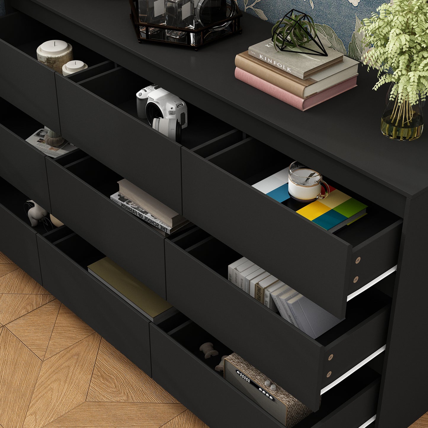 WIAWG 9 Drawer Dressers, Modern Large Dresser for Bedroom,Wooden Long Dresser Storage Chest of Drawers for Living Room Office,Black 63" W
